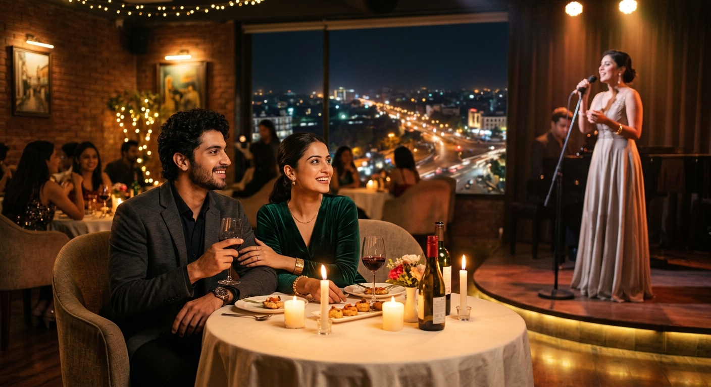 A couple enjoying a candlelit concert in a lounge, with a stage in the background