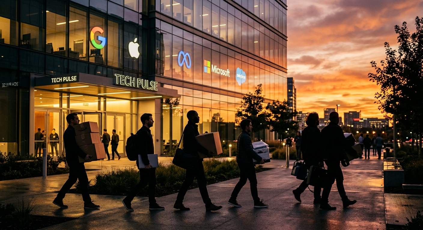 Tech workers leaving an office after layoffs