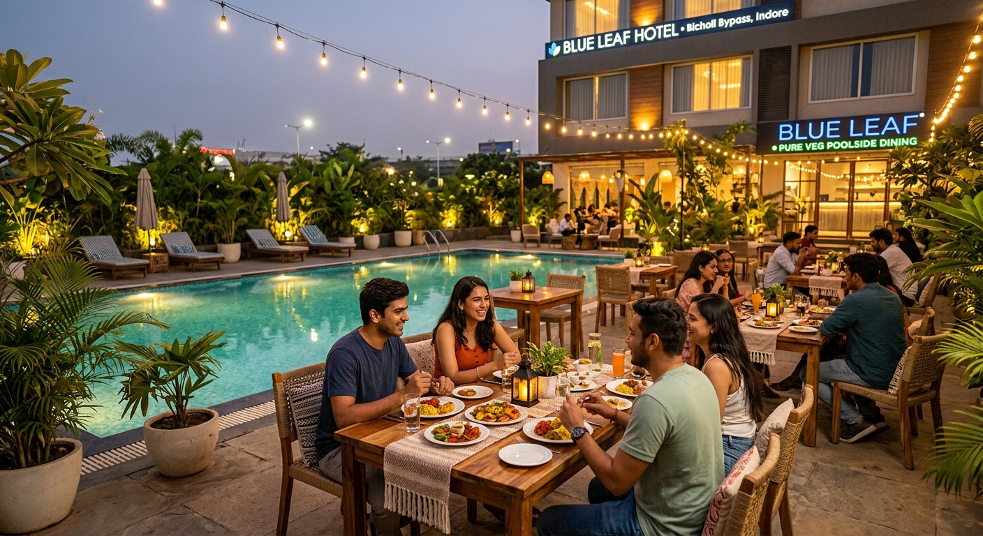 The poolside dining area at Palmira on Bicholi Bypass, a new lifestyle destination transforming an Indore transit corridor.