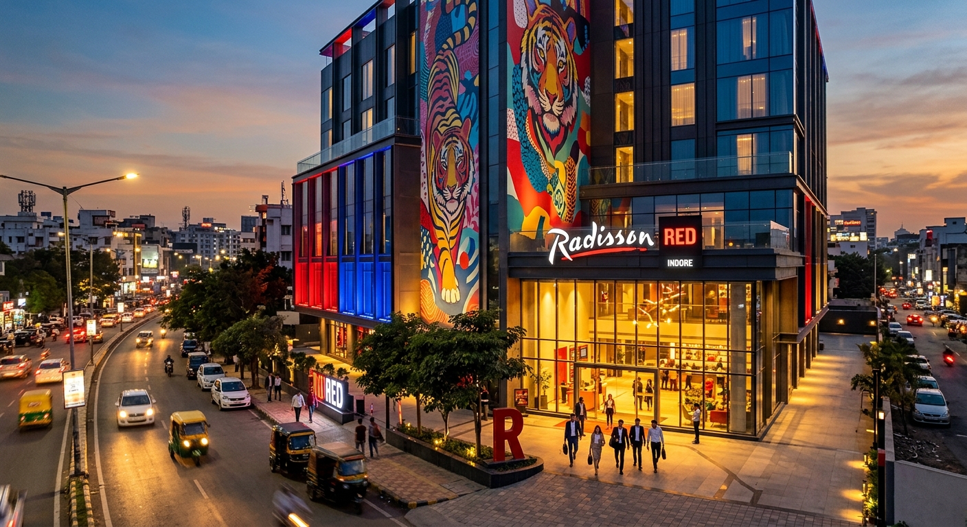 Radisson RED Indore hotel exterior on MR-10 with art-driven design and dusk lighting