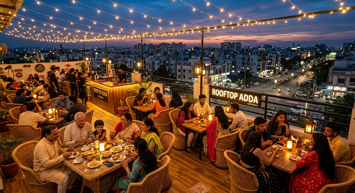 A bustling rooftop café at dusk in LIG's RSS Nagar, symbolising Indore's decentralised food scene in 2026.