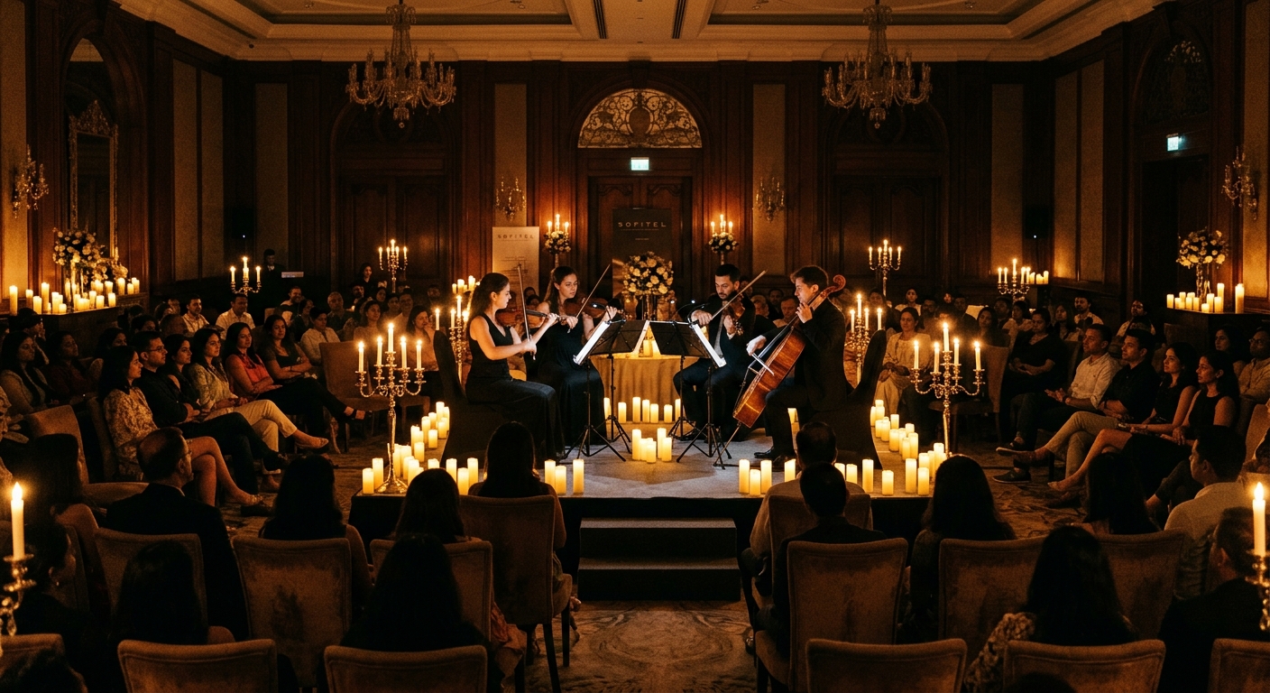 Candlelit concert performance in a hotel ballroom