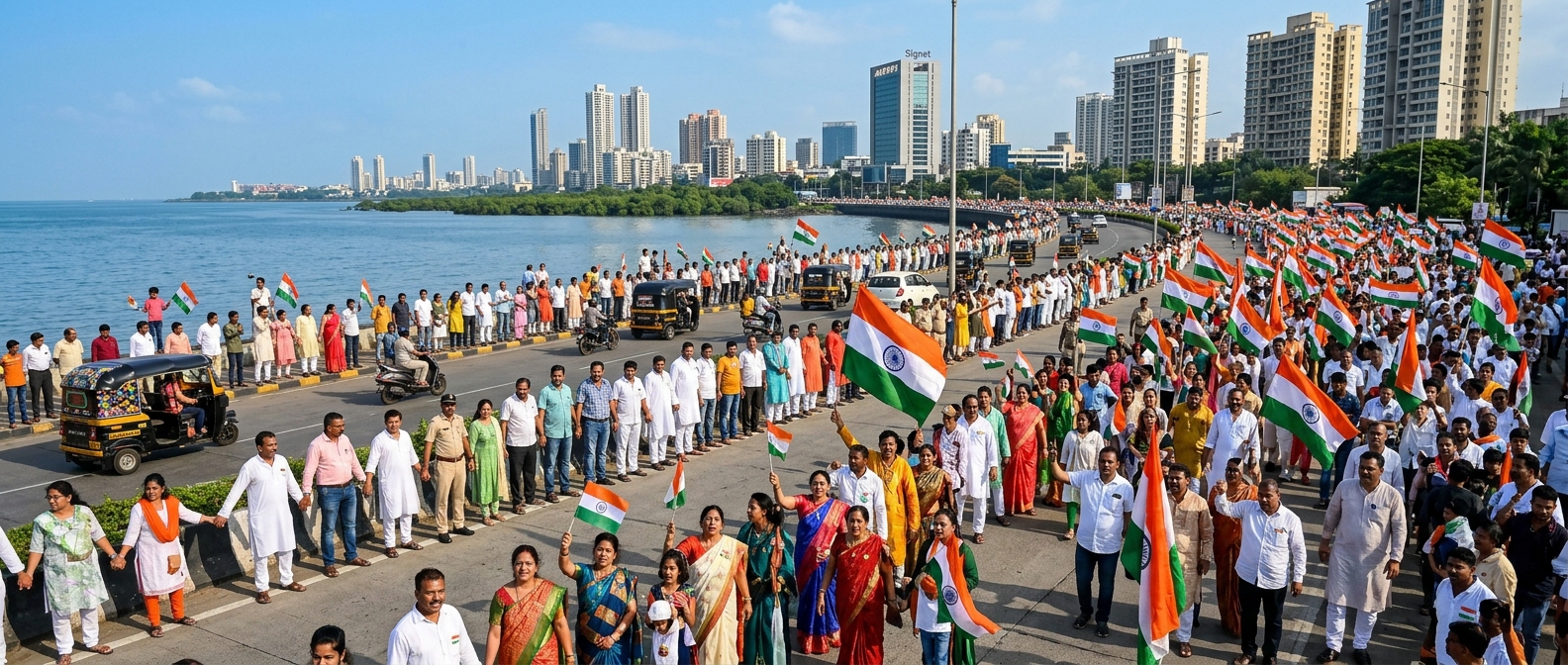 Human Chain & Vande Mataram Singing on Palm Beach Road, Navi Mumbai